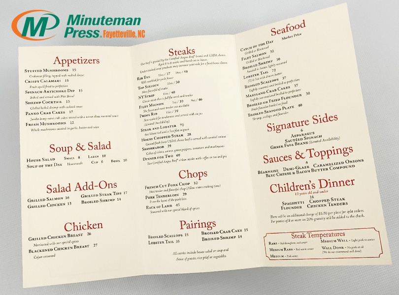 restaurant menu trifold