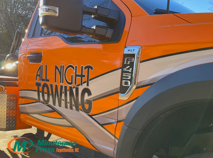 All Night Towing Custom Truck Graphic by Minuteman Press in Fayetteville, NC